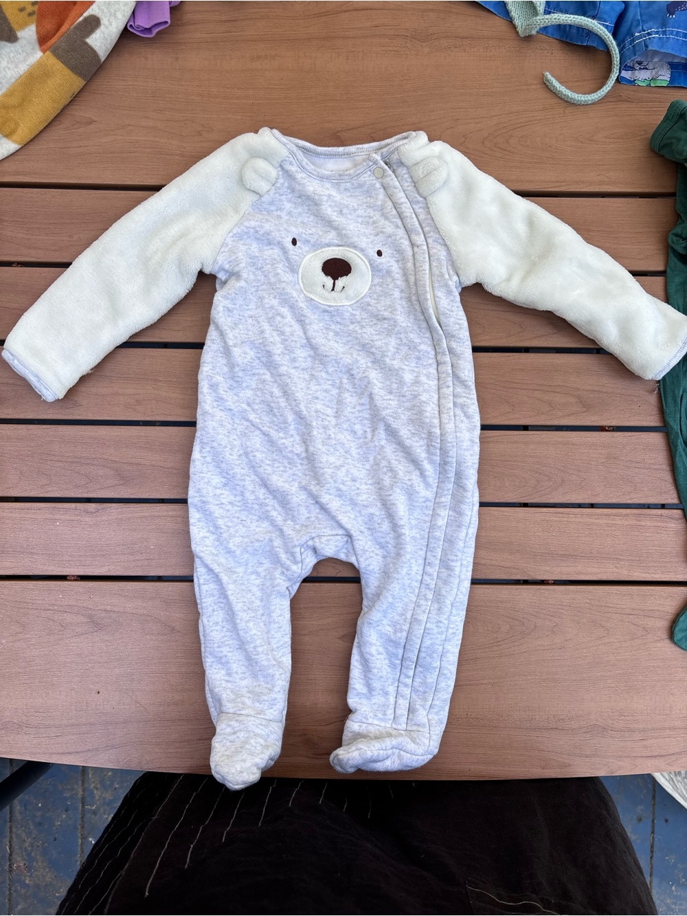Absorba Light Gray & Cream Bear Footed One-Piece